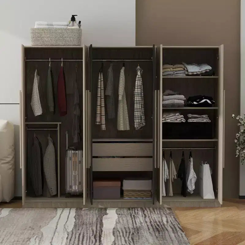 Armoire-penderie 83W à 6 portes, meuble de rangement pour vêtements avec 2 tiroirs, tringles et étagères de rangement, noir et naturel – ModernLuxe