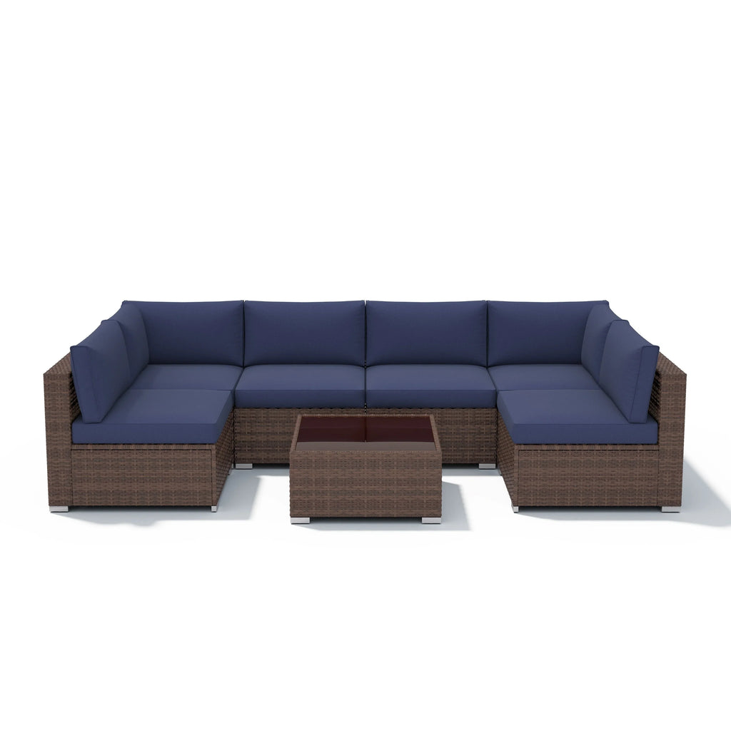 7-delige outdoor loungeset van vlechtwerk en staal met kussens
