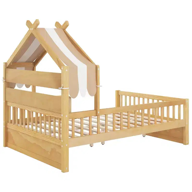 ModernLuxe Holzhausbett in Twin/Full-Größe mit Kopfteil und Stauraum, Kinderbettgestell aus massivem Kiefernholz mit Rausfallschutz