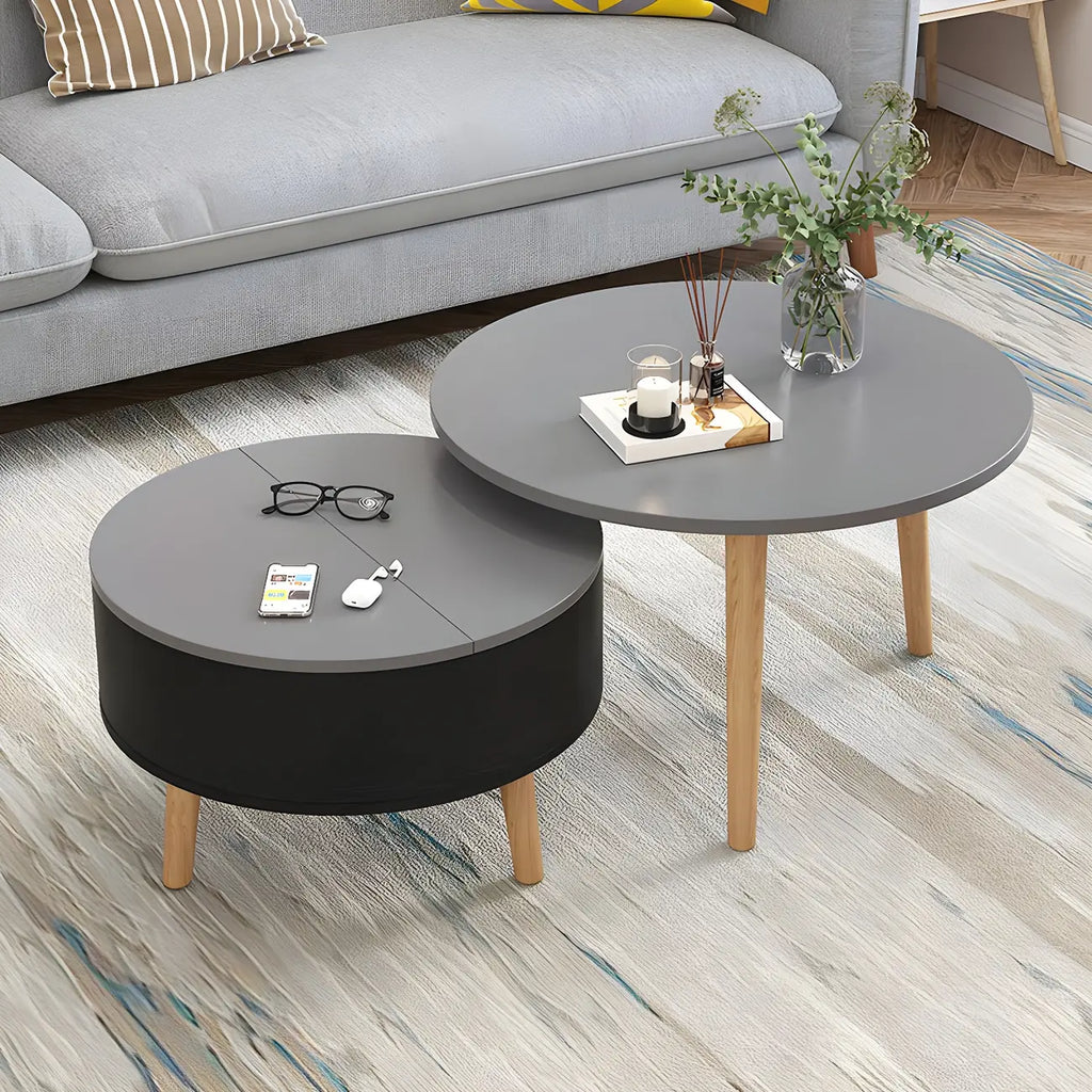 Moderne ronde houten salontafel in zwart en wit met opbergruimte