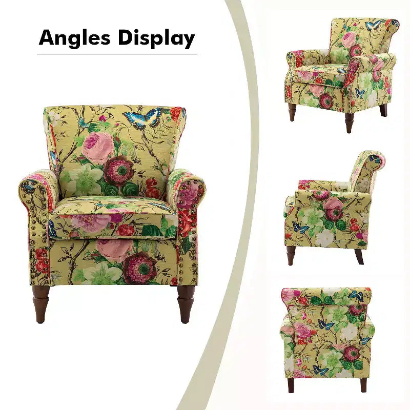 Sillón floral tradicional Araceli con estructura de madera, tapizado, respaldo alto con alas y acabado de tachuelas| ART OF LIVING DESIGNS