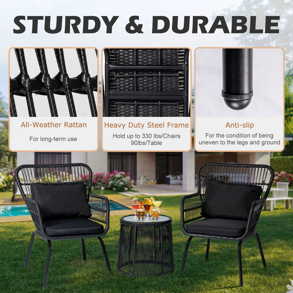 Ensemble bistro de conversation extérieur en osier de 3 pièces, mobilier de patio en rotin toutes saisons avec coussins