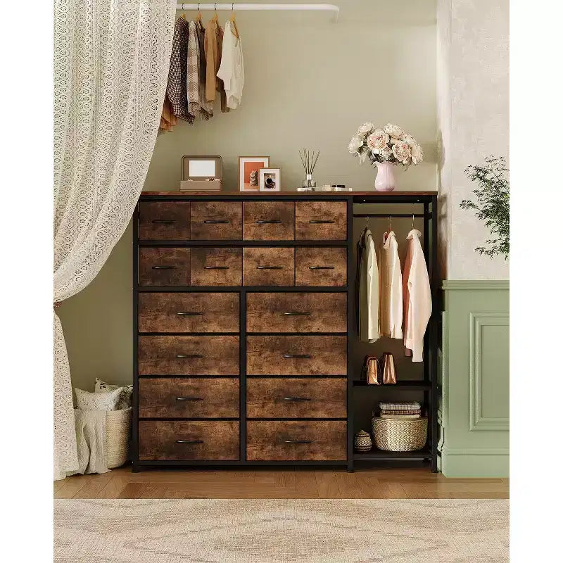 Commode avec 16 tiroirs, tringle et étagères, organisateur de rangement en tissu pour chambre, dressing ou entrée