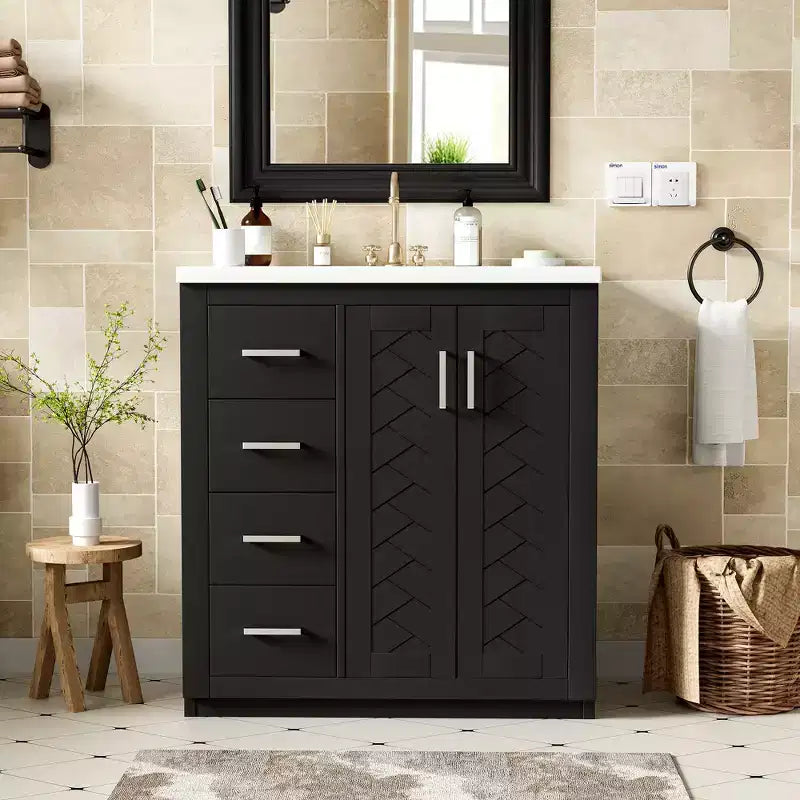 Meuble-lavabo de salle de bains simple de 30 pouces avec meuble et 3 tiroirs ??Noir / Bleu / Vert / Indigo / Blanc