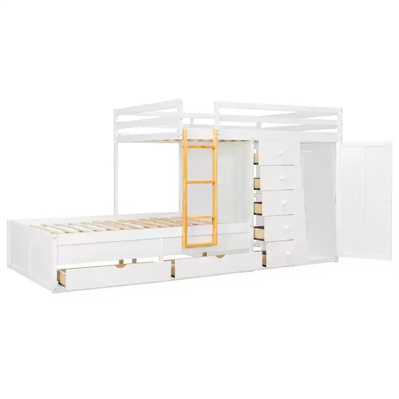 Stapelbed met twee volledige bedden, opbergkast en laden, houten ruimtebesparend stapelbed van volledig formaat met veiligheidshekje voor appartement of slaapkamer