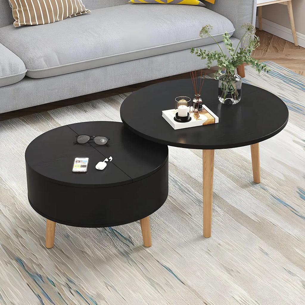 Moderne ronde houten salontafel in zwart en wit met opbergruimte