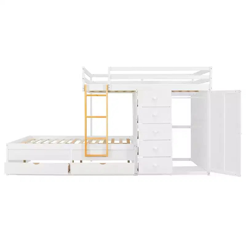 Stapelbed met twee volledige bedden, opbergkast en laden, houten ruimtebesparend stapelbed van volledig formaat met veiligheidshekje voor appartement of slaapkamer