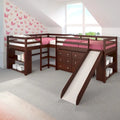 L-förmiges Doppel-Twin-Hochbett-Set mit Rutsche in dunklem Cappuccino