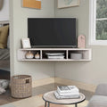 Meuble TV d’angle suspendu 47, 3 étagères, style transitionnel, fixation murale peu encombrante