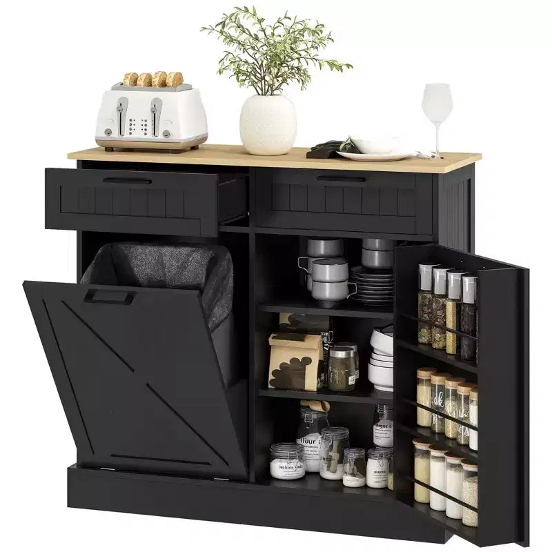 Meuble poubelle basculant HOMCOM avec tiroirs, meuble de cuisine style maison de campagne avec poubelle dissimulée pour la cuisine