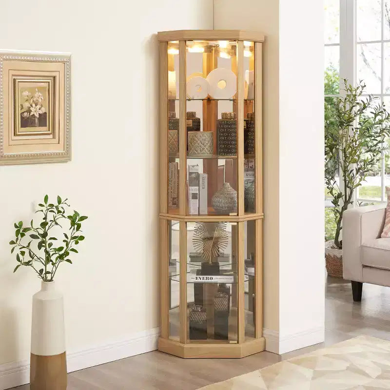 Eck-Vitrinenschrank mit Glastüren und Einlegeböden, Eckvitrine für das Wohnzimmer