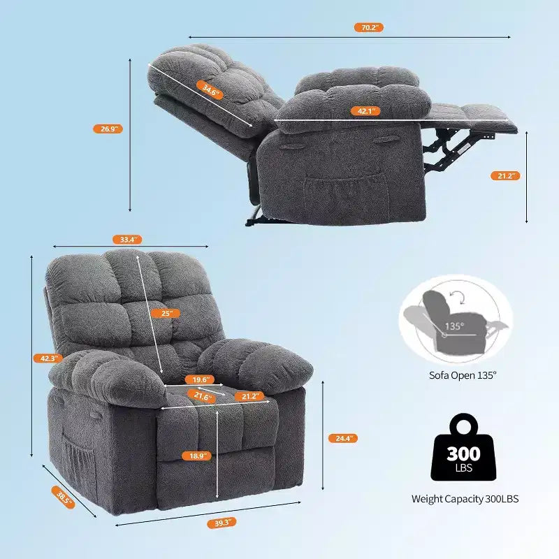 Fotel rozkładany z ręczną regulacją, ergonomiczny fotel z oddychającego materiału i kieszeniami bocznymi, jednoosobowa sofa, odpowiednia do salonu lub sypialni