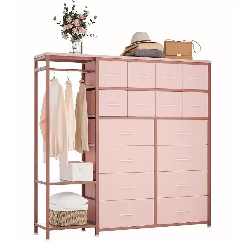 Commode avec 16 tiroirs, tringle et étagères, organisateur de rangement en tissu pour chambre, dressing ou entrée