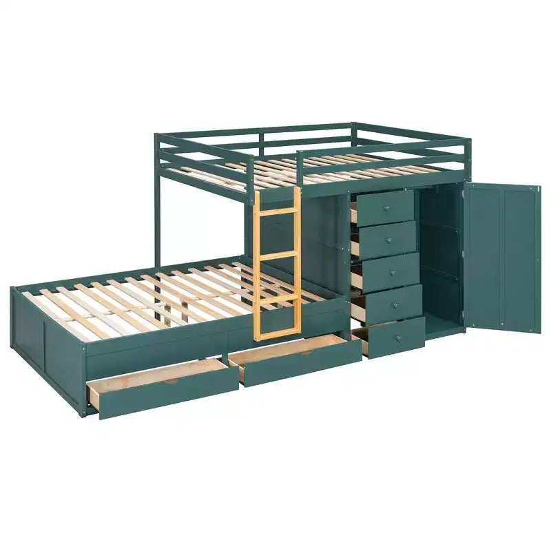 Stapelbed met twee volledige bedden, opbergkast en laden, houten ruimtebesparend stapelbed van volledig formaat met veiligheidshekje voor appartement of slaapkamer