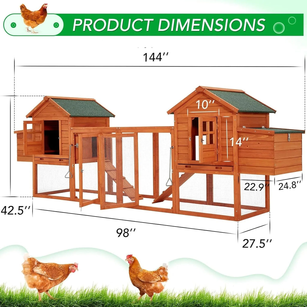 AECOJOY 144'' Large Chicken Coop w/ Run Wooden Hutch Poultry Cage House