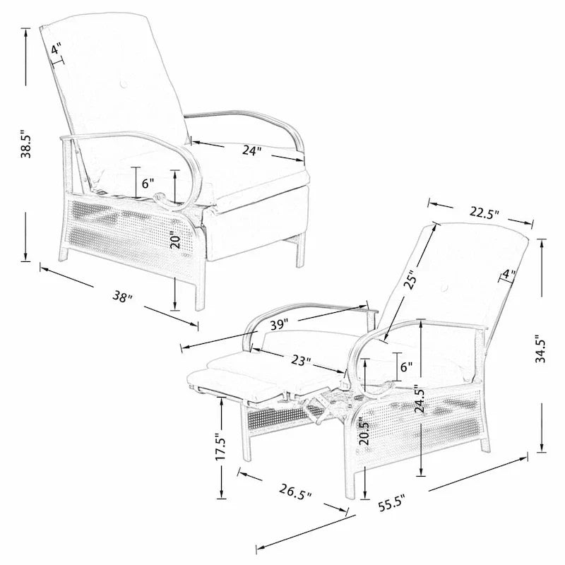 Verstellbarer Relax-Loungesessel, Lounge-Sofa für die Terrasse mit Polster - 38 (T) x 26.5 (B) x 38.5 (H) ZOLL