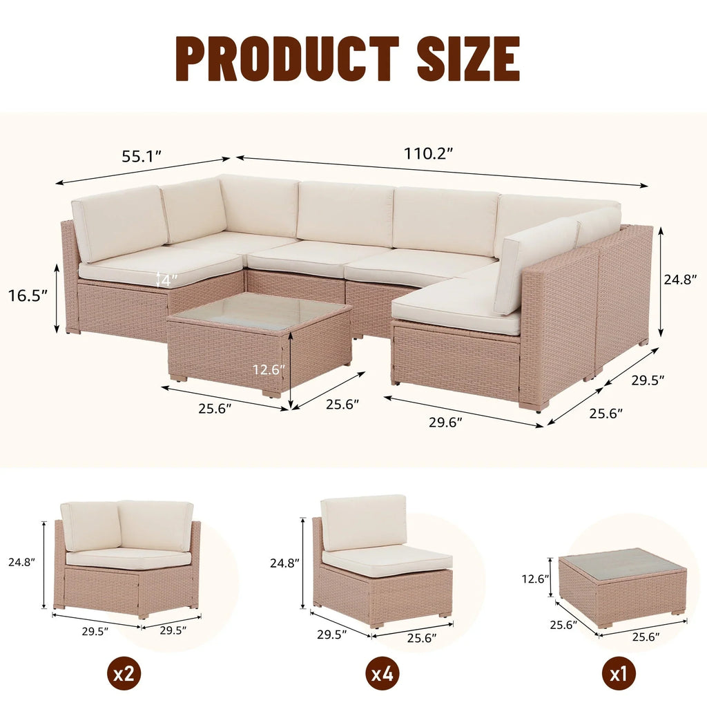 7-delige outdoor loungeset van vlechtwerk en staal met kussens