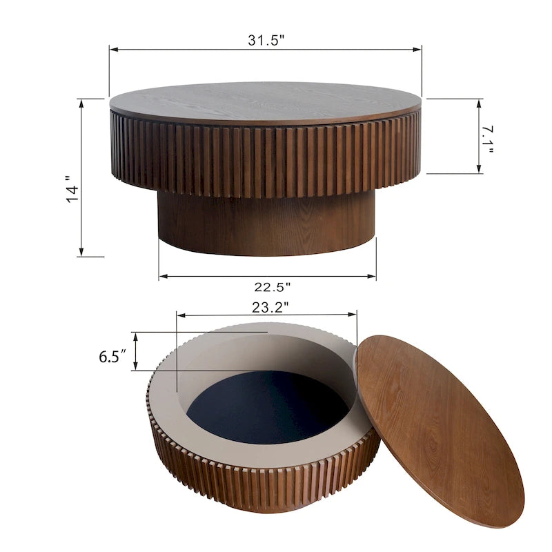 Table basse ronde moderne en bois massif plaqué avec rangement