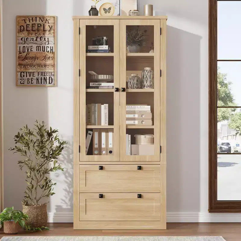 Armoire de rangement de cuisine style champêtre avec portes vitrées, meuble de rangement de 72 pouces avec tiroirs et étagères réglables pour la salle à manger, la salle de bains ou le salon