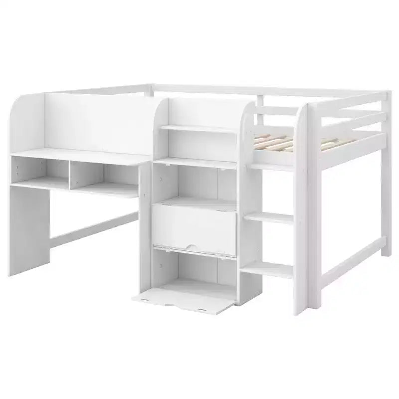 Niedriges Hochbett in Pink/Weiß mit Schreibtisch, Stauraum und Whiteboard - C Twin, 1 Person