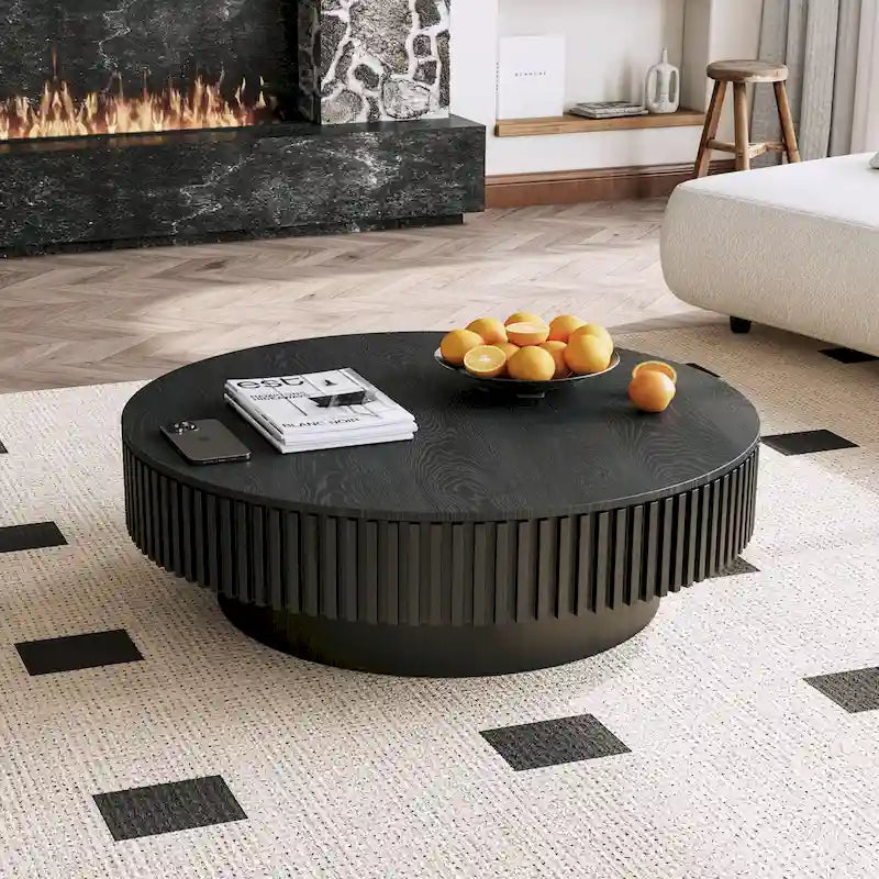 Table basse ronde moderne en bois massif plaqué avec rangement