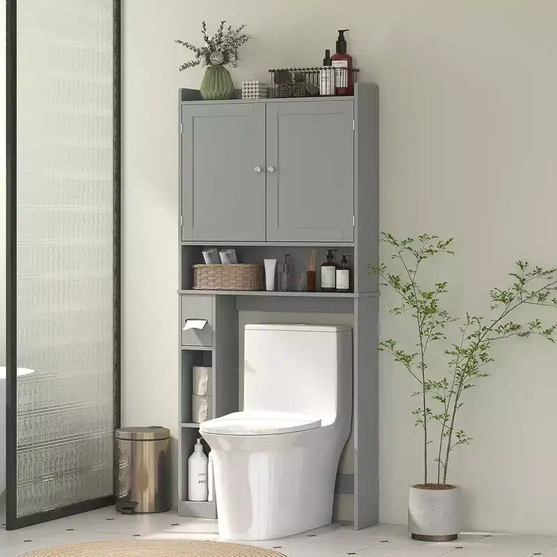 Meuble de rangement HOMCOM au-dessus des toilettes, organisateur de salle de bains moderne avec 2 portes et porte-papier toilette, gain de place autoportant
