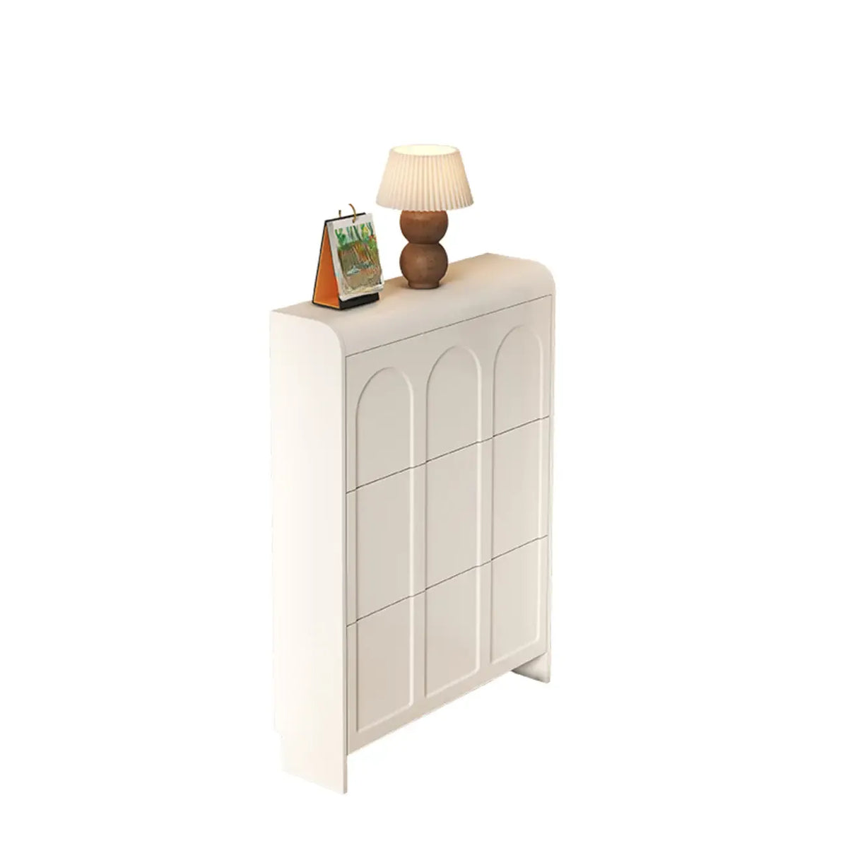 Meuble à chaussures blanc en bois, étroit, à 3 niveaux avec portes basculantes