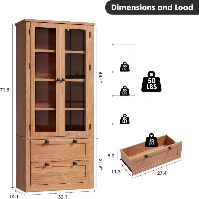 Armoire de rangement de cuisine style champêtre avec portes vitrées, meuble de rangement de 72 pouces avec tiroirs et étagères réglables pour la salle à manger, la salle de bains ou le salon
