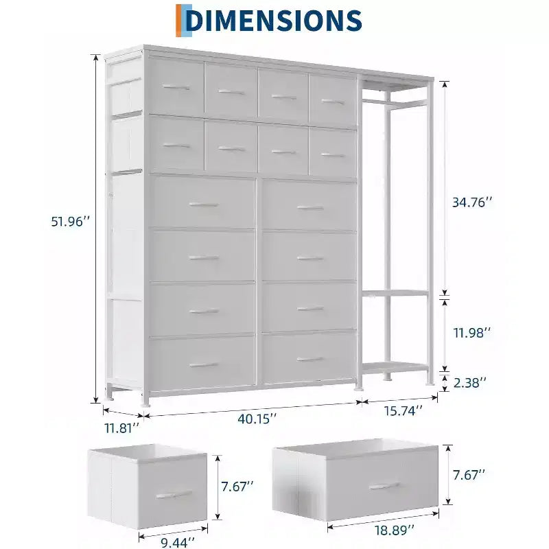 Commode avec 16 tiroirs, tringle et étagères, organisateur de rangement en tissu pour chambre, dressing ou entrée