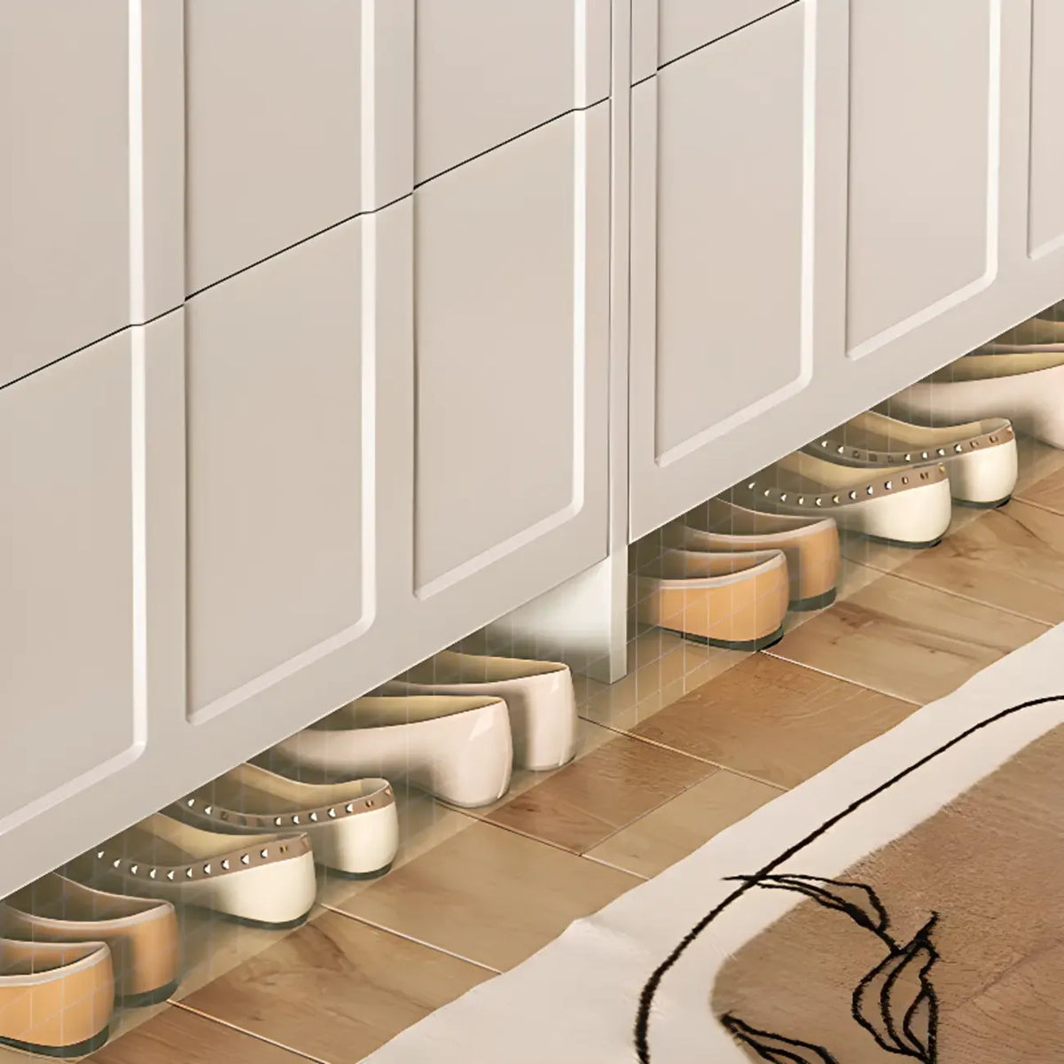 Meuble à chaussures blanc en bois, étroit, à 3 niveaux avec portes basculantes