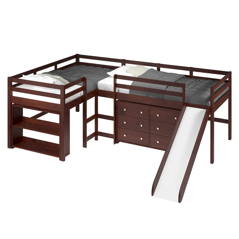 L-förmiges Doppel-Twin-Hochbett-Set mit Rutsche in dunklem Cappuccino