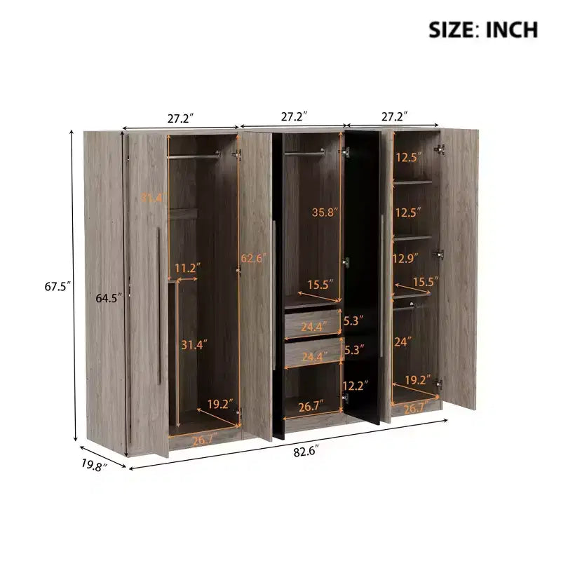 Armoire-penderie 83W à 6 portes, meuble de rangement pour vêtements avec 2 tiroirs, tringles et étagères de rangement, noir et naturel – ModernLuxe