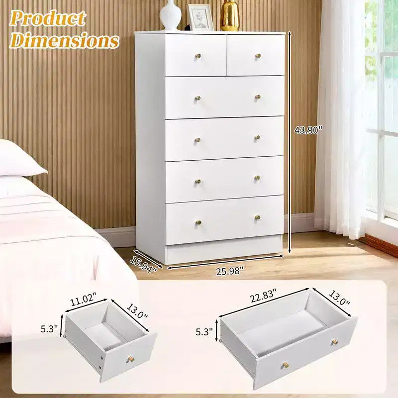 Cómoda grande Karl Home de 6 cajones para dormitorio y cajonera con construcción resistente, organizador de almacenamiento de madera para armario, blanca