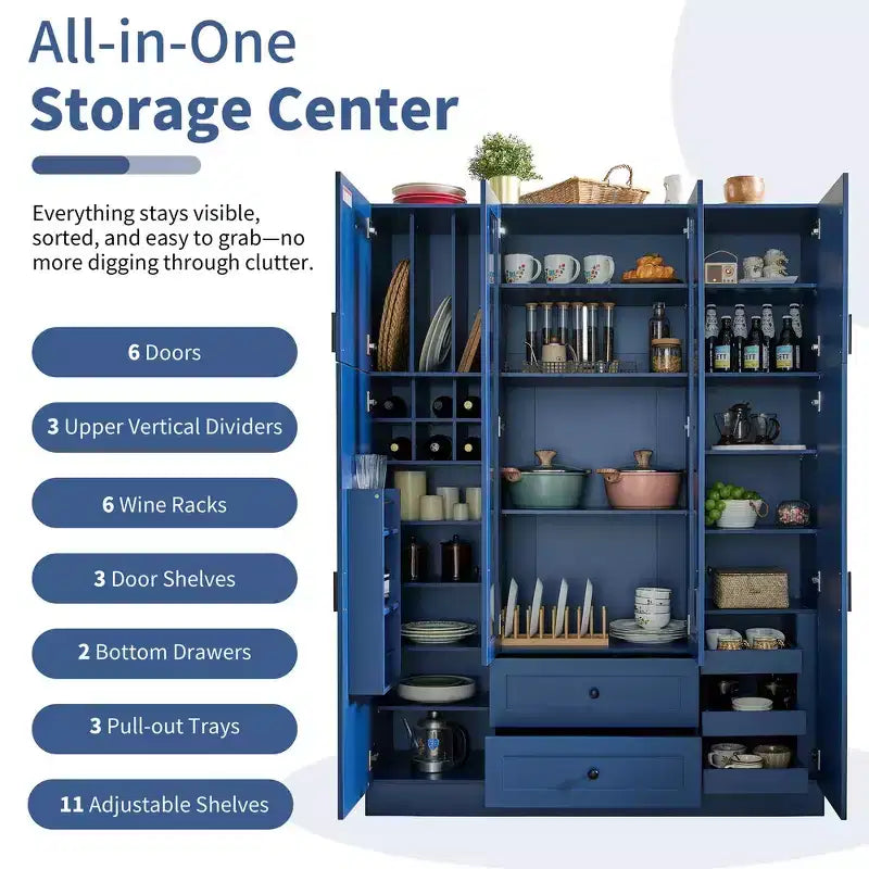 Garde-manger de cuisine autoportant Whisen de 180 cm de hauteur, grande armoire de rangement pour salle à manger avec 6 portes et étagères réglables