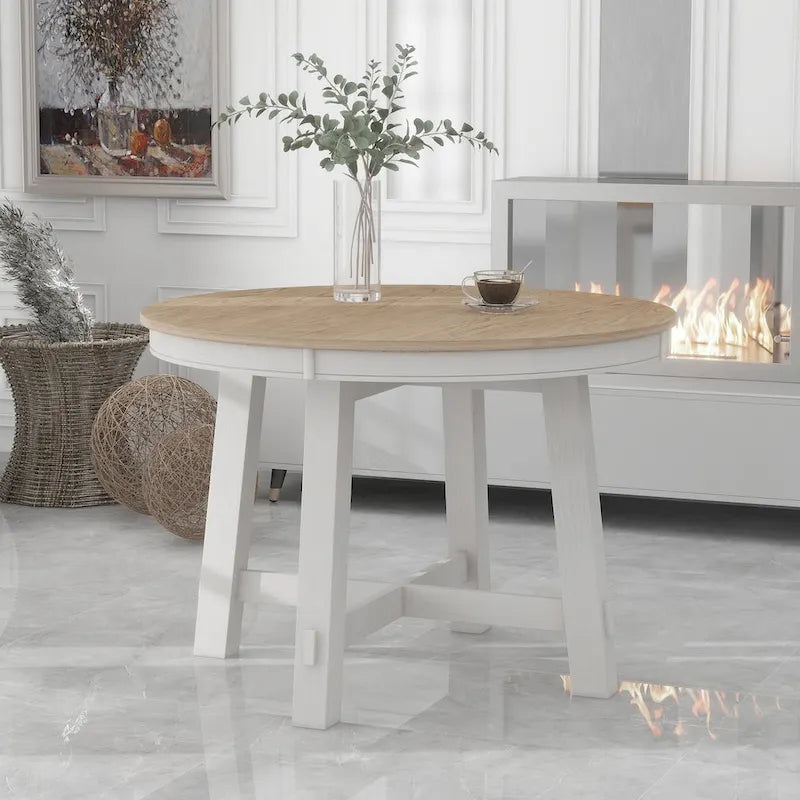 Ronde uitschuifbare eettafel in landelijke stijl met houten keukentafelblad en verlengblad van 16 inch