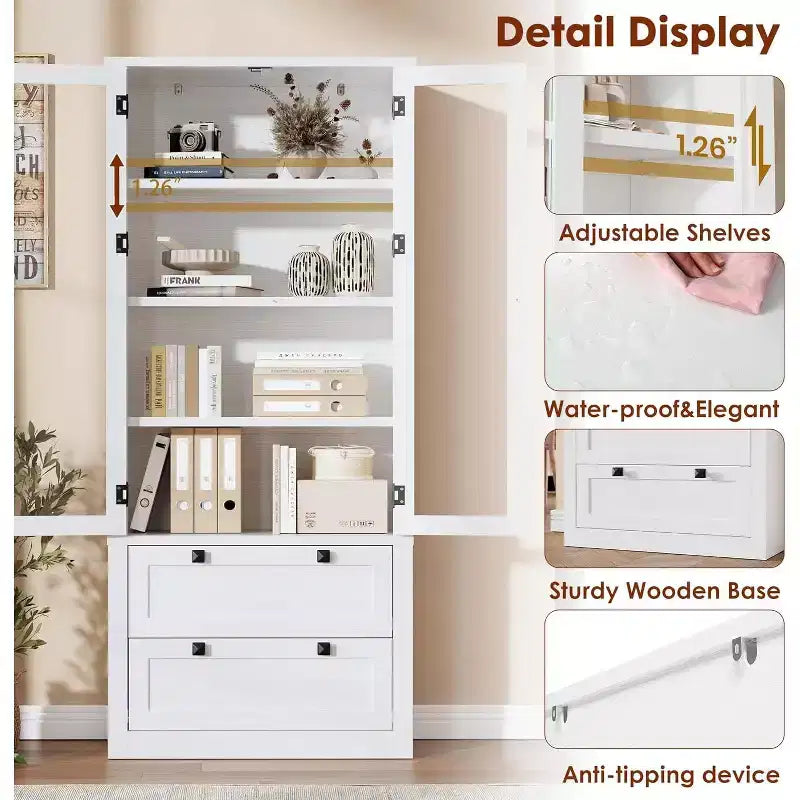 Armoire de rangement de cuisine style champêtre avec portes vitrées, meuble de rangement de 72 pouces avec tiroirs et étagères réglables pour la salle à manger, la salle de bains ou le salon