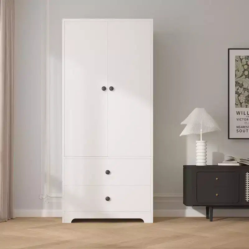 Moderner Kleiderschrank aus Holz für das Schlafzimmer, 71 Zoll, mit 2 Türen, 2 Schubladen, verstellbaren Einlegeböden, Kleiderstange und Stauraum
