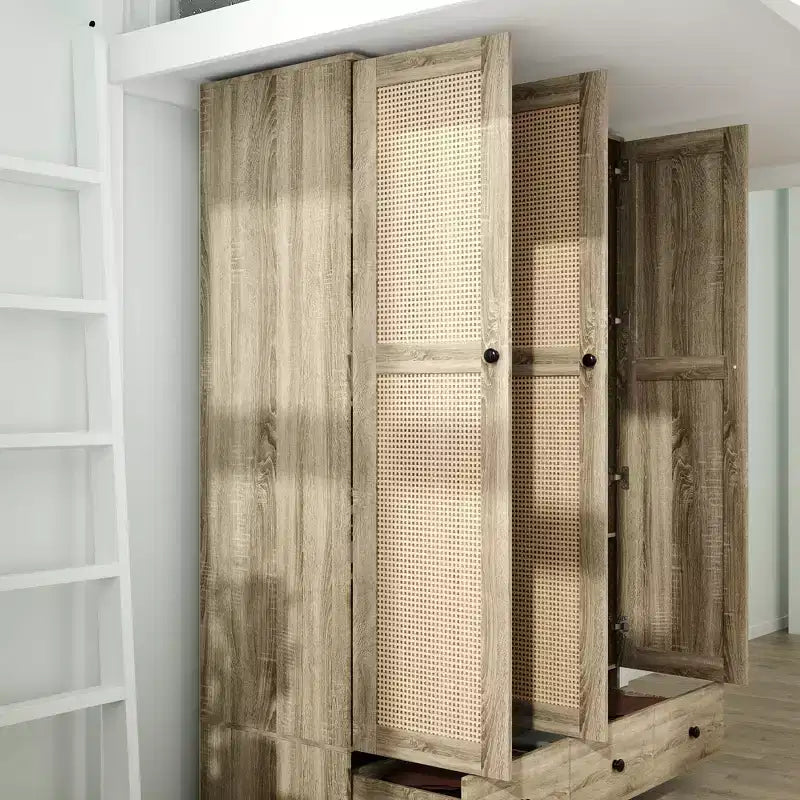 Armoire en rotin Famapy avec 3 tiroirs, placard à 3 portes en rotin respirant, grande armoire de rangement de style champêtre pour chambre