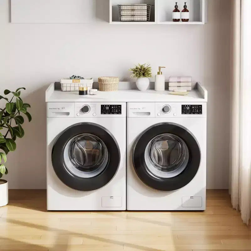 Plan de travail pour lave-linge et sèche-linge, plateau de buanderie avec rebord surélevé et tapis antidérapant pour panier à linge, rangement et organisation de la buanderie