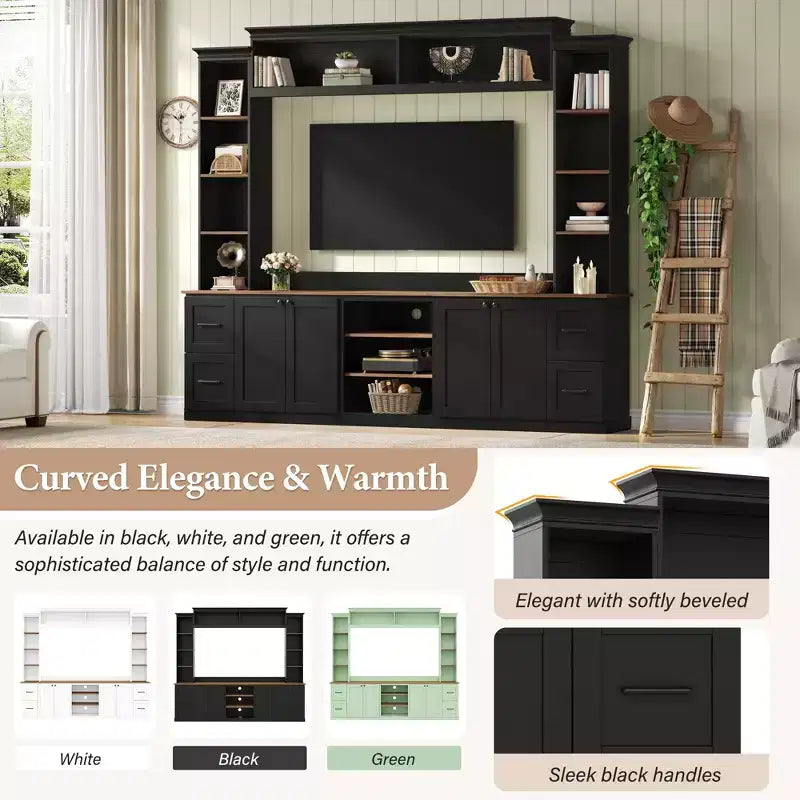 ModernLuxe 4-in-1-Farmhouse-Entertainment-Center als Wandeinheit, passend für Fernseher bis 70, TV-Ständer und Medienkonsole mit verstellbaren Regalen und Schubladen