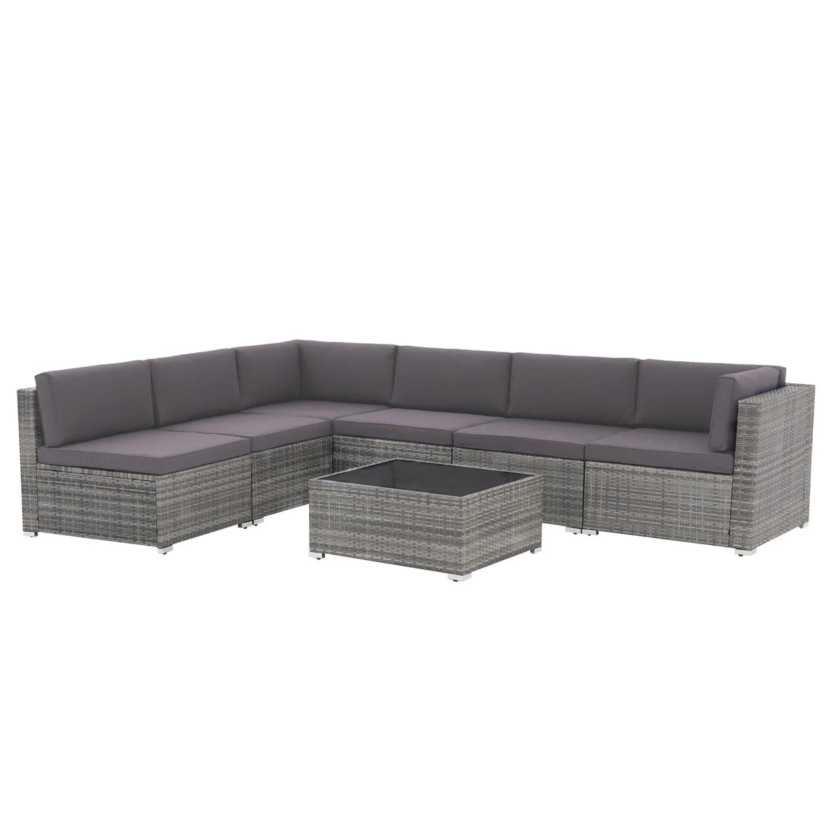 7-delige outdoor loungeset van vlechtwerk en staal met kussens