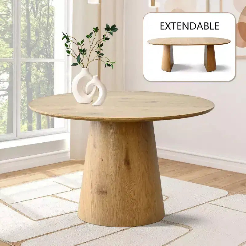 Uitbreidbare ronde tot ovale eettafelset met 4 fluwelen fauteuils, modern voetstukontwerp, geschikt voor maximaal 8 personen-Panipeachy