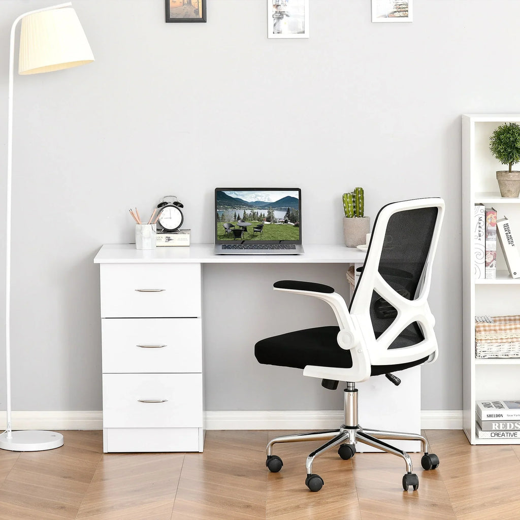 Bureau informatique HOMCOM 47 pour bureau à domicile, combinaison bibliothèque, table d’écriture et poste de travail moderne avec 3 tiroirs et étagère de rangement — blanc