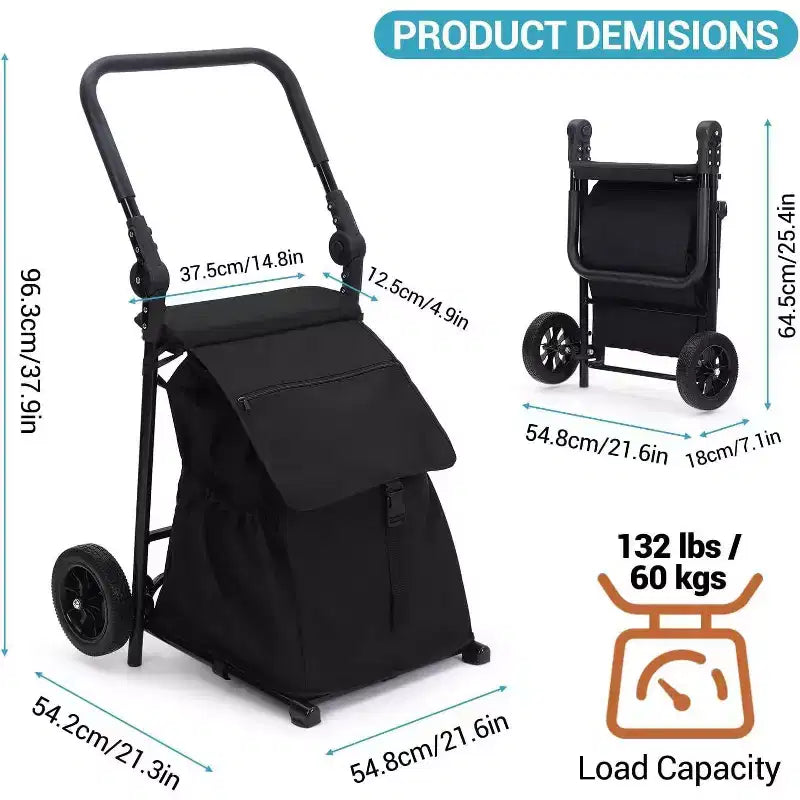 Acekool 2-in-1 zusammenklappbarer Transport- und Nutzwagen mit abnehmbarem wasserdichtem Beutel, dickem Sitzpolster und verstellbarem rutschfestem Griff, Schwarz