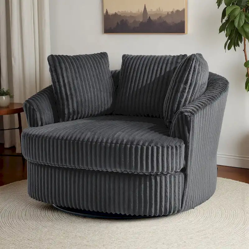 Fauteuil pivotant tonneau surdimensionné de 43 W en velours côtelé moelleux avec accoudoirs encastrés