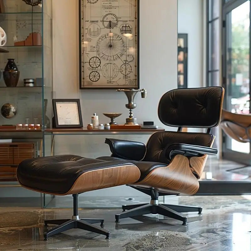 Fauteuil lounge d’appoint Furgle en cuir véritable avec pouf, bois de noyer