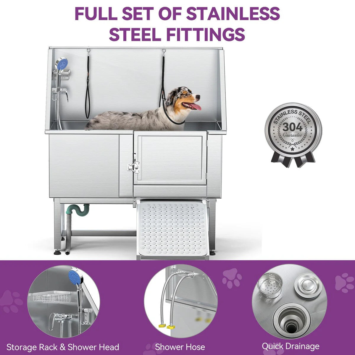 Vasca regolabile in acciaio inox da 50" W per toelettatura degli animali domestici con rampa a gradini