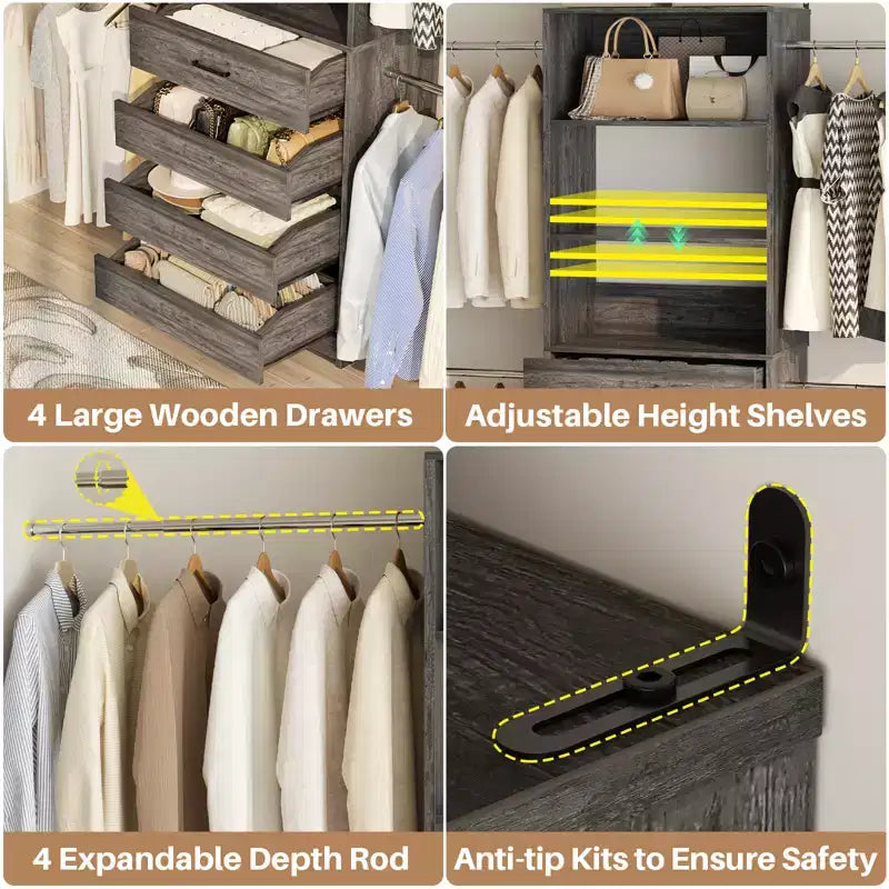 Sistema organizzatore per armadio in legno Besiost da 4-9 piedi, con 4 cassetti, 4 barre appendiabiti e moduli a ripiani