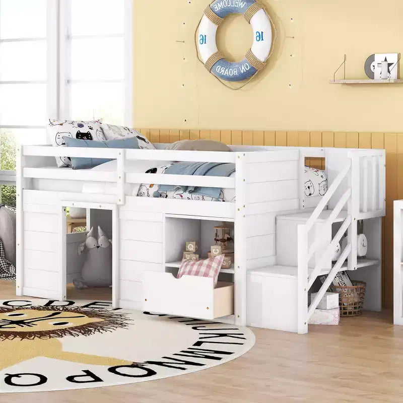 Lit mezzanine simple Okak en bois massif avec escalier et rangement, lit superposé simple bas avec tiroirs et étagères, lit mezzanine multifonctionnel pour enfants et adolescents