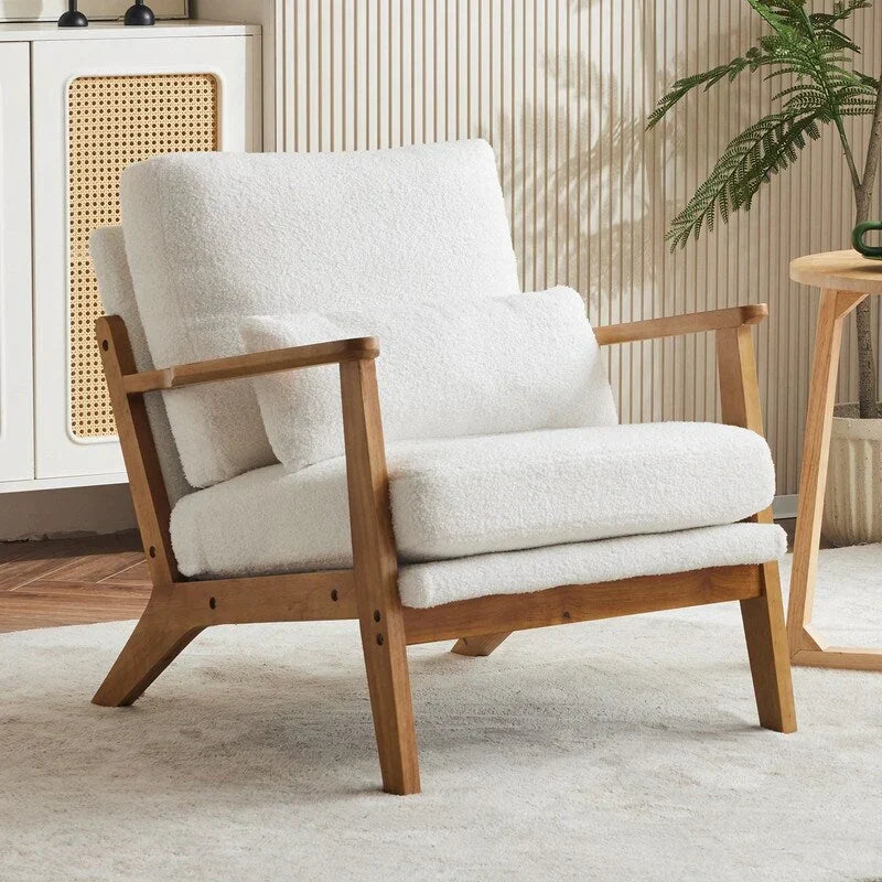 Fauteuil d'appoint rembourré en mélange de lin avec pieds en bois et un coussin, beige